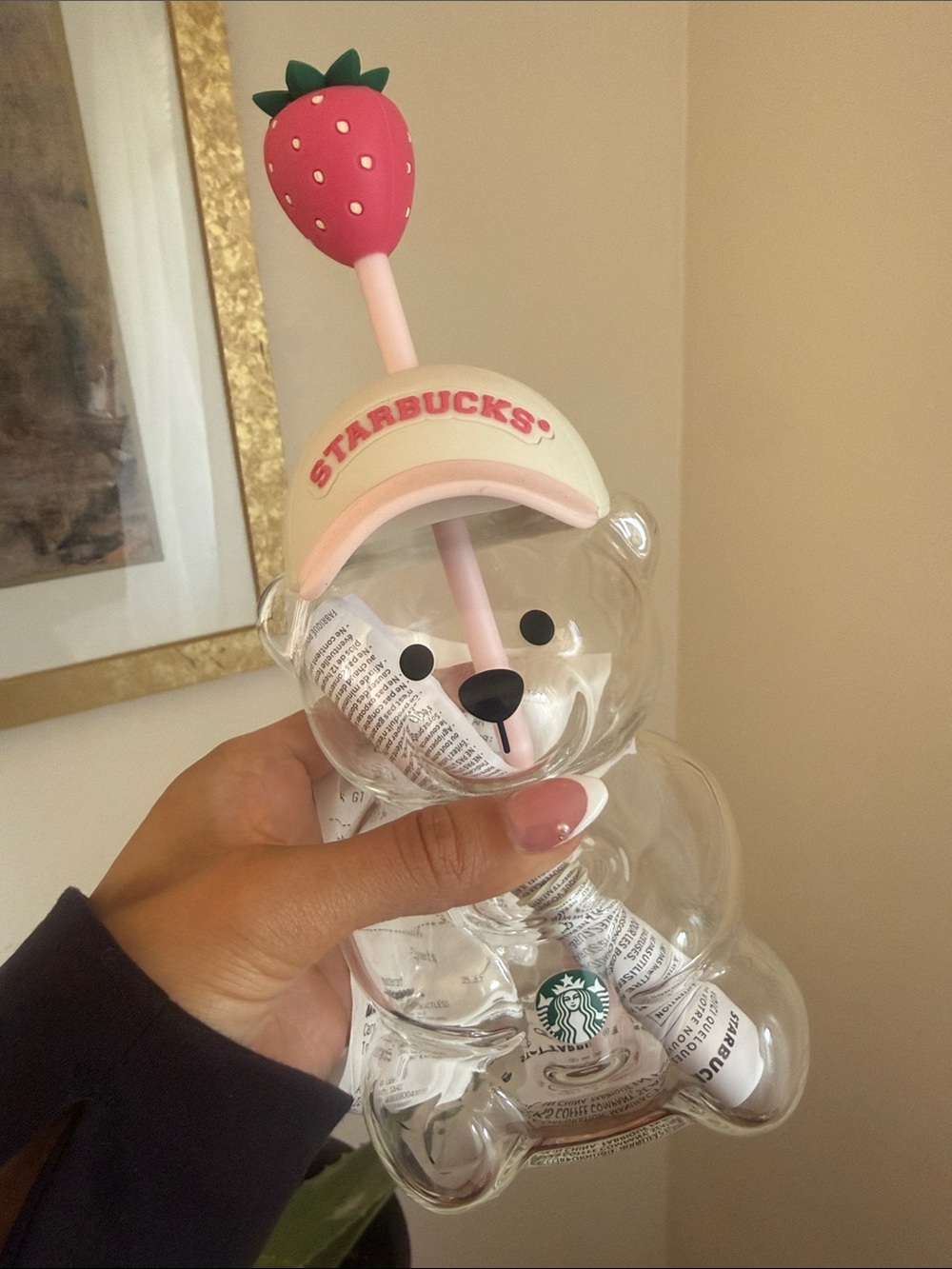 Starbucks Bearista glass cup with Pink Straw and Strawberry Topper